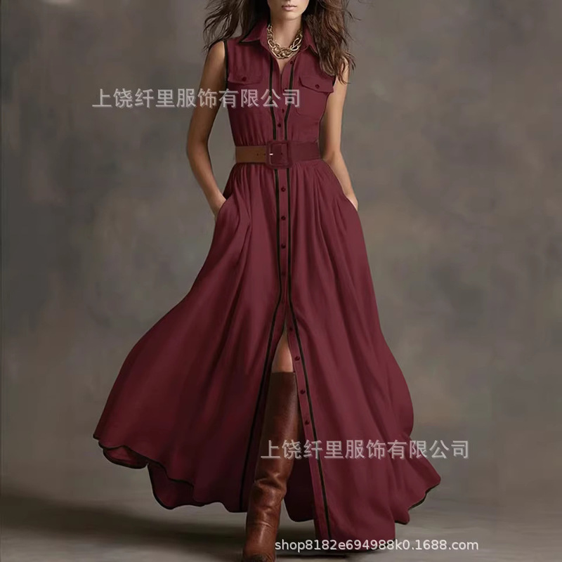 European and American Amazon New Women's Fashion French-Style Slimming 3D Digital Print Designer Shirt Long Sleeveless Dress