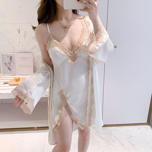 Women's Sexy Lace Split Back Silk Slub Straps Nightgown Set with Bra Cup Two-Piece Sleep Dress