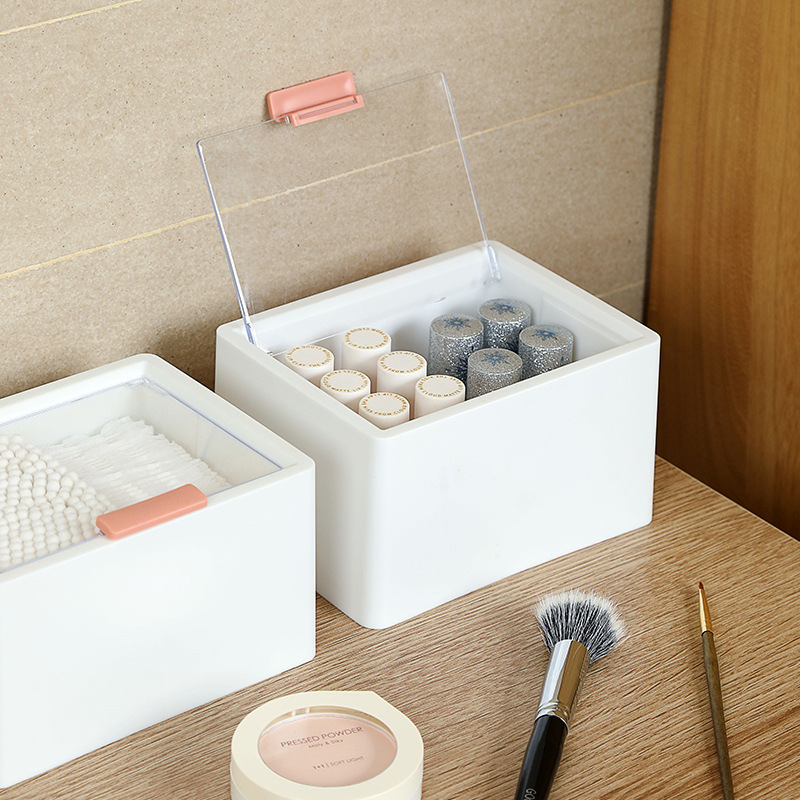 ミニマリスト防塵コットン収納ボックス プラスチック製二層仕切り付き透明蓋付き口紅収納ボックス|undefined