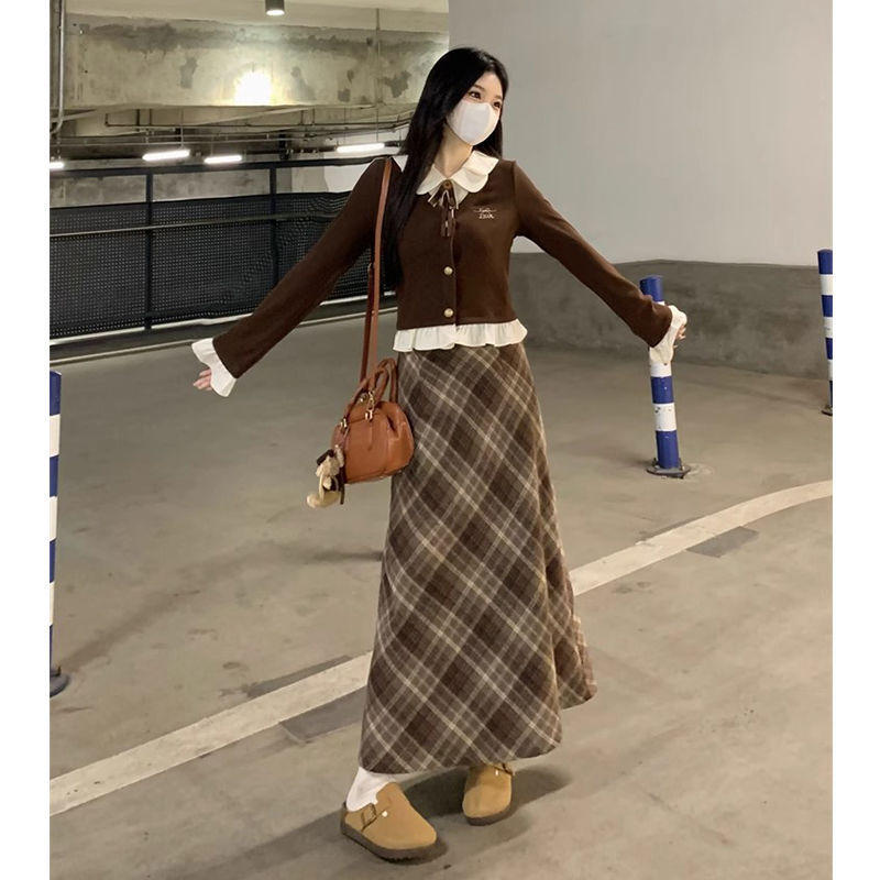小个子美拉德穿搭复古格纹半身裙设计感拼接长袖上衣套装秋冬季女|undefined