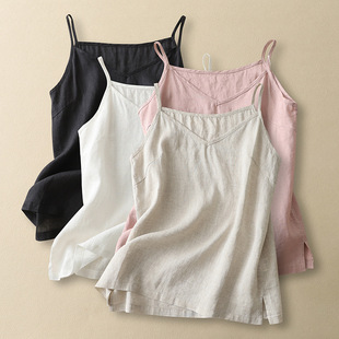 Real Shot of 2025 Summer Pure Color Cotton and Linen Artistic V Neck Camisole Loose Outer Sleeveless Top Bottoming Shirt for Women