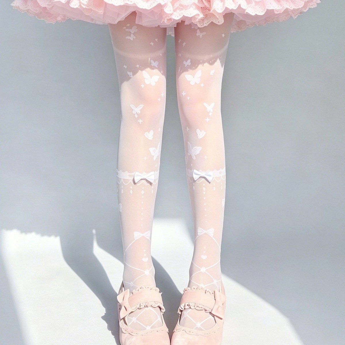 Lolita Bowknot Milk White Silk Stockings for Women, Summer Thin Style with Diamond Pattern and Tie, Lolita Ballet Style Pantyhose