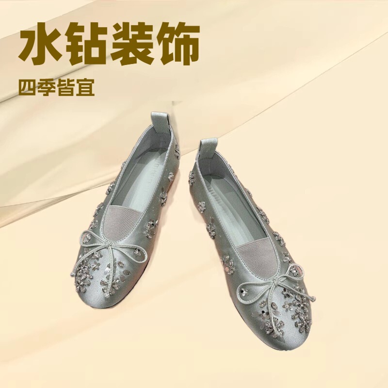 Miu Sheepskin French Mesh Breathable Flat Ballet Shoes for Women with Rhinestone Bow Shallow Mouth Outer Wear Shoes