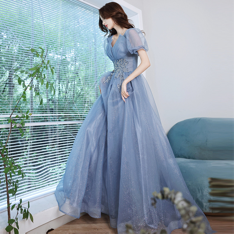 Blue Evening Dress for Women 2025 New Style French Long Annual Meeting Host Dress