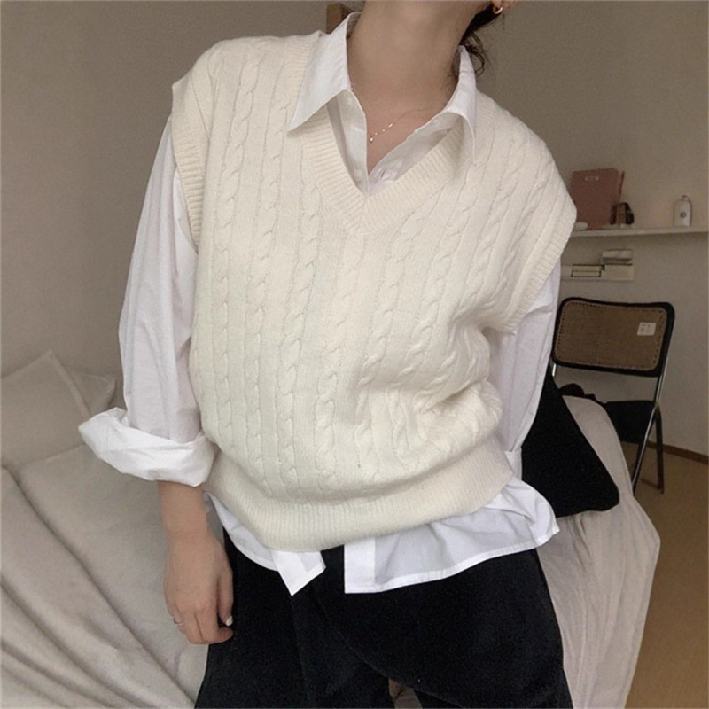秋冬新款韩系麻花V领针织马甲女外搭叠穿套头无袖毛衣背心上衣女|undefined