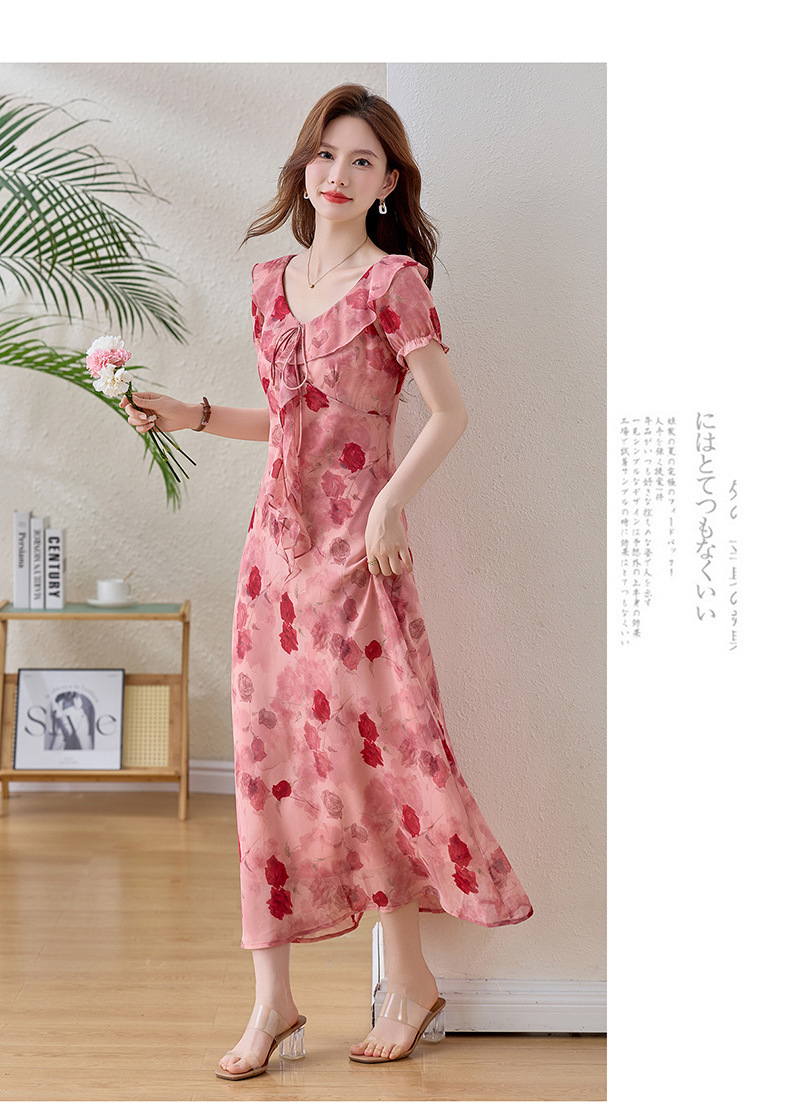 Đầm maxi nữ hoa hồng cổ V tay ngắn thắt eo — Hồng lãng mạn chi tiết 16