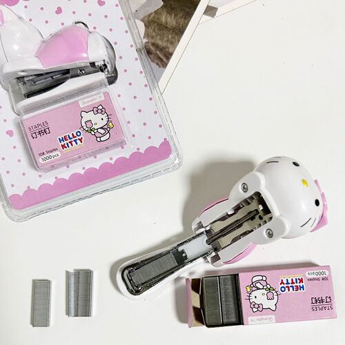 Stapler pink girly heart cartoon KT cat mini stapler student test paper binding machine set wholesale