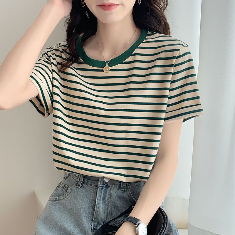 Round Neck Short-Sleeved T-Shirt for Women Summer Loose and Versatile Student 2023 New Design Green Stripesd T-Shirt Top