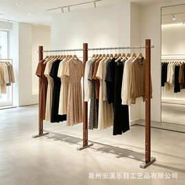 服装店不锈钢展示架女装店胡桃色挂衣架女装中岛生态木落地陈列架