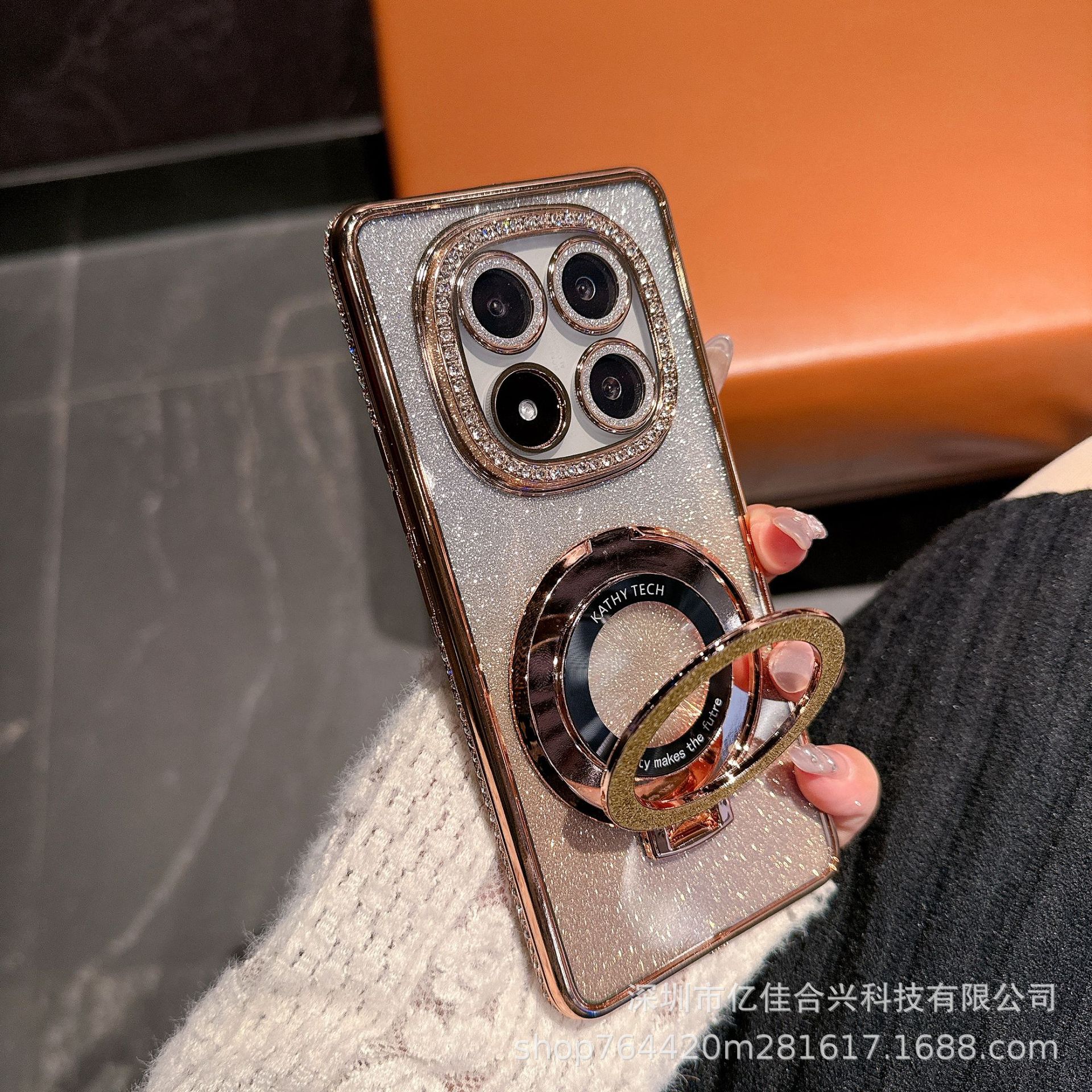 Aplicable Redmi NOTE14PRO Rhinestone Retocador Espejo Estuche para teléfono Xiaomi 14T todo incluido Soporte magnético de brillo