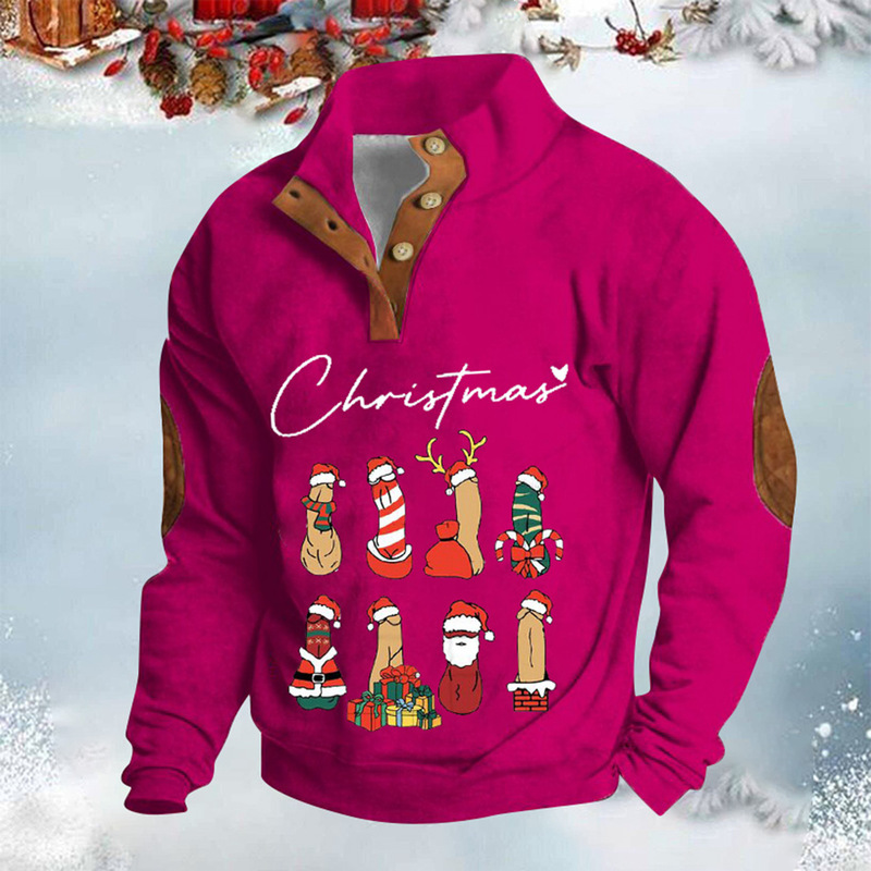 2025 New Autumn and Winter 3D Digital Printed Christmas Flower Stand Collar Polo Sweatshirt Casual Fashion Men's Clothing