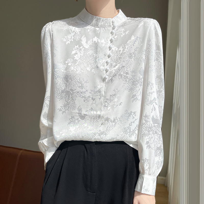 In-Stock Satin Spring/Summer New Women's Stand-Collar Stylish Shirt, Short Versatile Commuter Loose Top, Cardigan Shirt In-Stock Satin Spring/Summer New Women's Stand-Collar Stylish Shirt, Short Versatile Commuter Loose Top, Cardigan Shirt