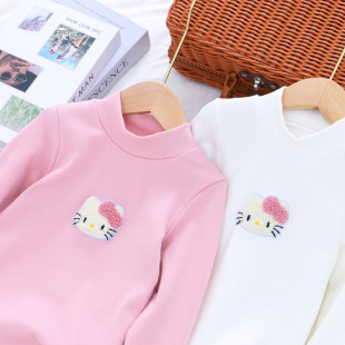 Girls Spring & Fall Mid-Collar Bottoming Shirt T-Shirt 2025 Kidsren's Versatile Cute Cartoon Kitten Kitty Baby Girl Top