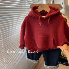 男童秋冬加绒连帽卫衣2025新款男宝宝休闲运动红色拜年服连帽卫衣