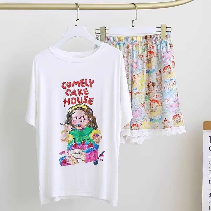 Venta al por mayor transfronteriza de nuevo estilo con almohadilla para el pecho pijamas de verano para mujer pantalones cortos de manga corta de algodón de imitación de encaje ropa de hogar para estudiantes de dibujos animados dulces