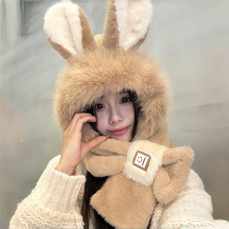 兔耳朵毛绒帽子围巾一体女冬季毛茸茸可爱加厚防寒保暖护耳雷锋帽|undefined