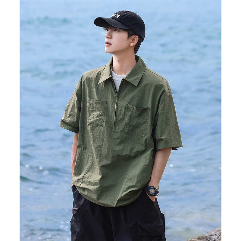 Half-Zipper Short-Sleeved Shirt Men's Summer Trendy Brand Trendy Japanese Style Workwear Half-Sleeved Casual Lapel Polo Shirt Half-Zipper Short-Sleeved Shirt Men's Summer Trendy Brand Trendy Japanese Style Workwear Half-Sleeved Casual Lapel Polo Shirt