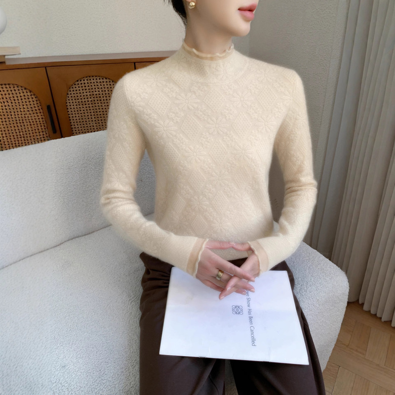 Winter New Cashmere Half Turtleneck Pullover Bottoming Shirt for Women Jacquard Slim Fashion Casual Long-Sleeved Knitted Top