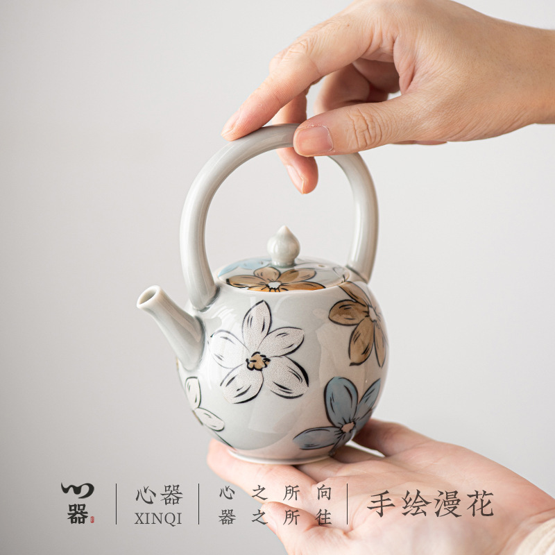 Ice Gray Glazed Hand-Painted Flower Teapot Large Capacity Ceramic Household Teapot Anti-Scalding Teapot Household Single Pot Ice Gray Glazed Hand-Painted Flower Teapot Large Capacity Ceramic Household Teapot Anti-Scalding Teapot Household Single Pot