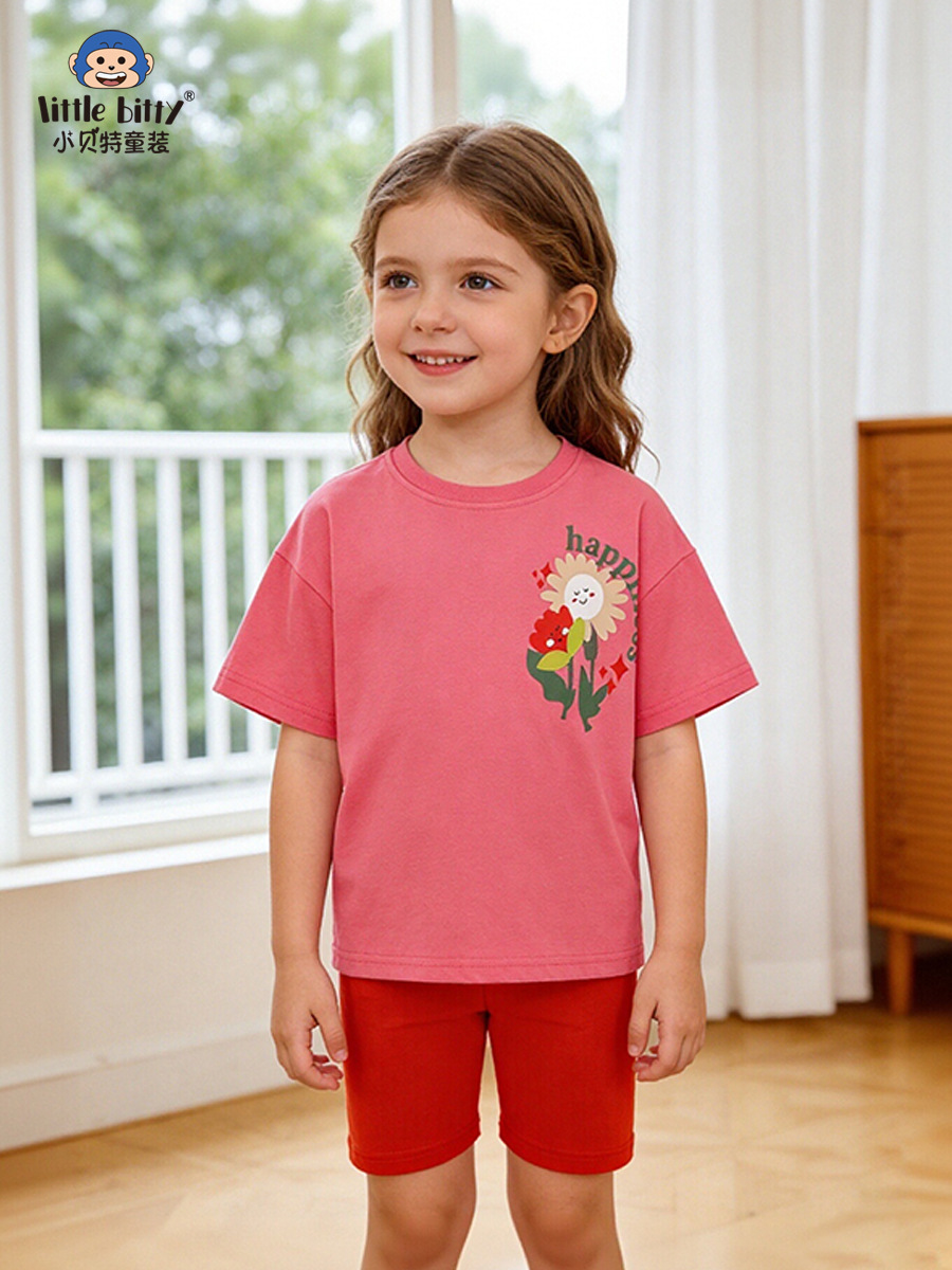 Cross-Border Supply 26 Years of Experience in Spring and Summer Children's Short-Sleeve Sets with Cartoon Floral Round Neck Print for Girls, Two-Piece Set in Stock