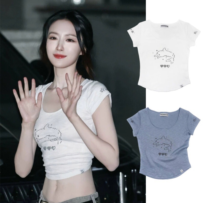 Shuhua Style Versatile Short-Sleeve T-Shirt for Women, Summer Slim-Fit Floral Print Short Shoulder-Length Niche U-Neck Top Shuhua Style Versatile Short-Sleeve T-Shirt for Women, Summer Slim-Fit Floral Print Short Shoulder-Length Niche U-Neck Top
