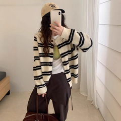 韩系慵懒条纹针织开衫女秋冬宽松显瘦百搭毛衣外套短上衣G1553