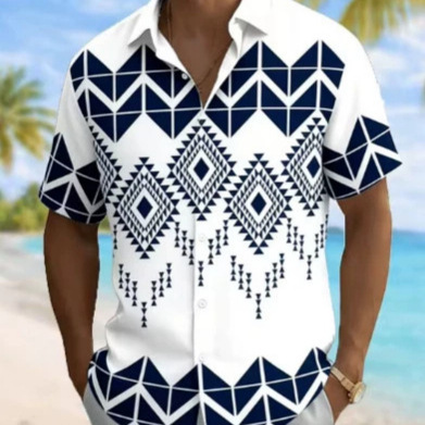 Men's Geometric Diamond Tribal Print Short-Sleeved Shirt, Spring and Summer Casual Vacation Lapel Vest, Loose Top