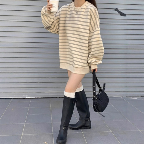 Korean Striped Sweatshirt for Women - Autumn 2025, Thin, Loose, Versatile, Slimming, Casual, Round Neck Student Top, Trendy
