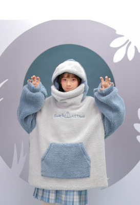 壹件代發 秋冬新款2020韓版自閉鲨魚加厚羊羔絨情侶男女衛衣女潮