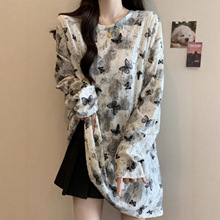 中长款遮屁股长袖T恤女早秋大码胖mm显瘦独特别致扎染蝴蝶结上衣