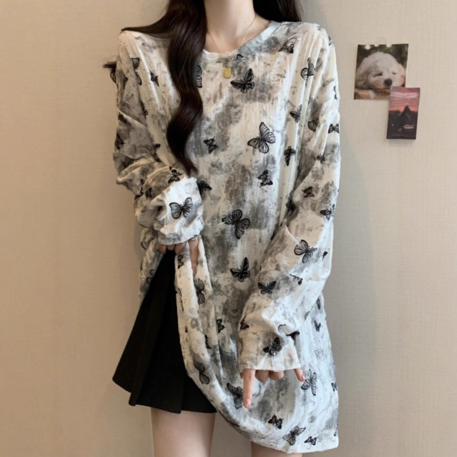 中长款遮屁股长袖T恤女早秋大码胖mm显瘦独特别致扎染蝴蝶结上衣