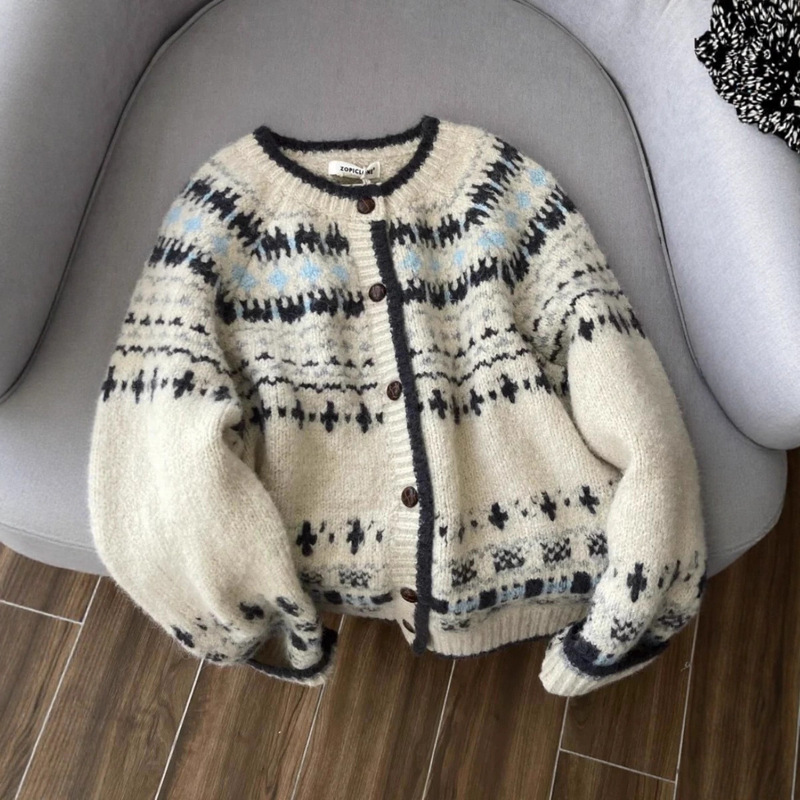 Japanese Retro Fair Isle Knit Sweater Cardigan for Women, Autumn and Spring Design, Lazy Thick Cashmere Cardigan Top Japanese Retro Fair Isle Knit Sweater Cardigan for Women, Autumn and Spring Design, Lazy Thick Cashmere Cardigan Top