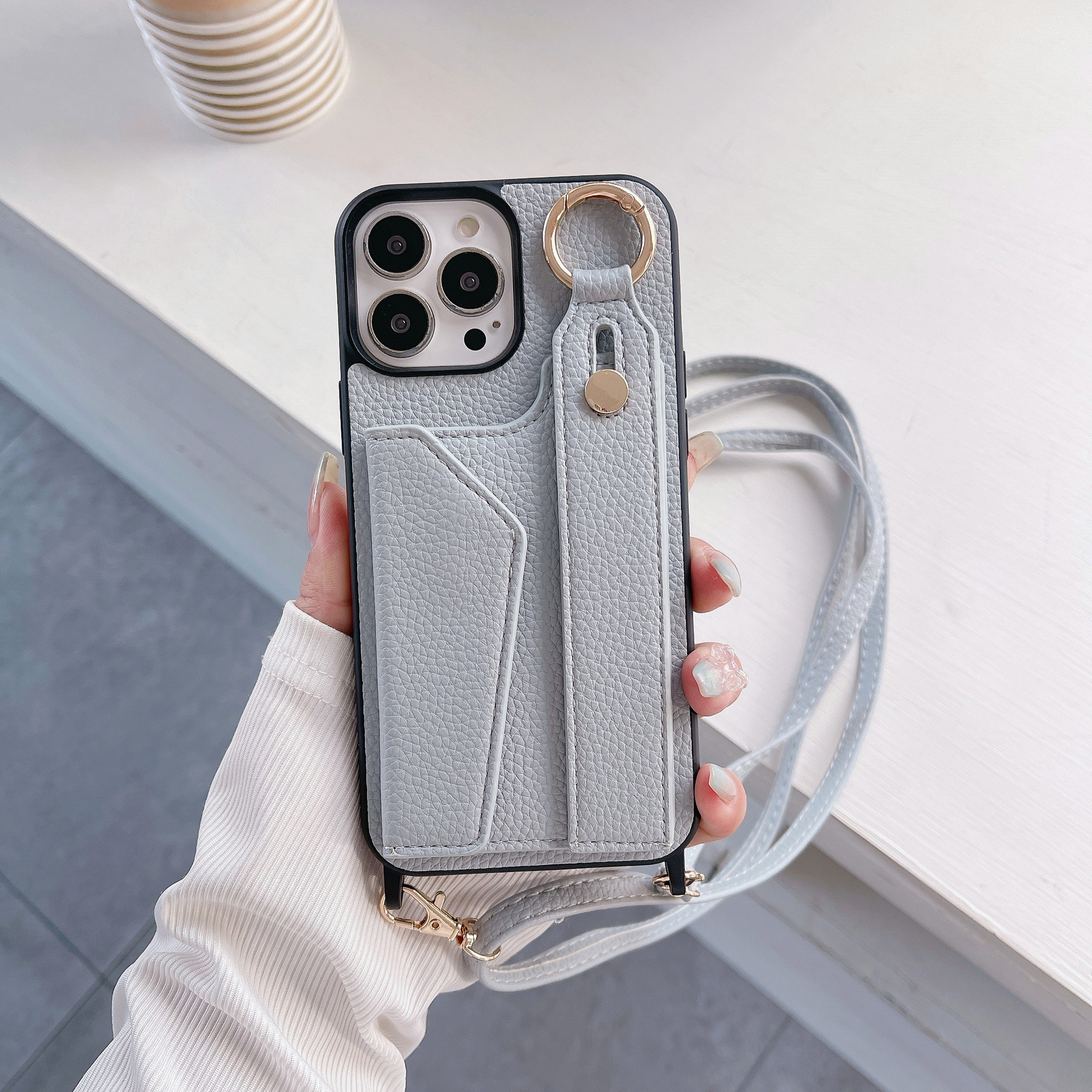 TechGlobe Suitable For IPhone 17 Pro Max Wrist Phone 12/13 Crossbody Shoulder Strap Card Slot Protective Leather Case_voghion.com