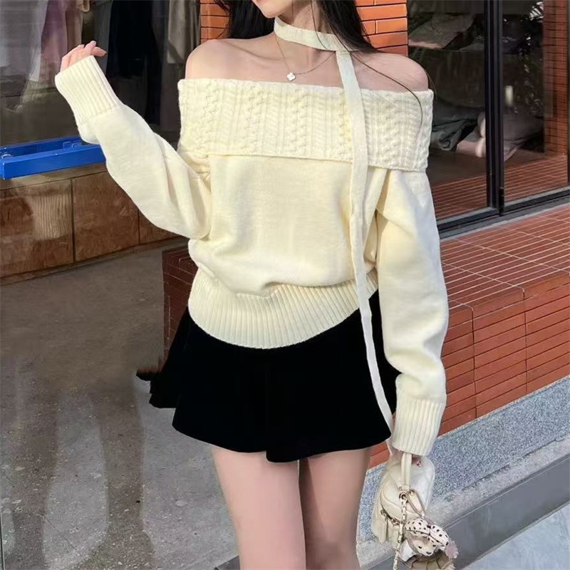 Muzi Lian Autumn/Winter High-End Off-Shoulder Sweater for Women, New Korean Style Soft Knitted Off-Shoulder Top Muzi Lian Autumn/Winter High-End Off-Shoulder Sweater for Women, New Korean Style Soft Knitted Off-Shoulder Top