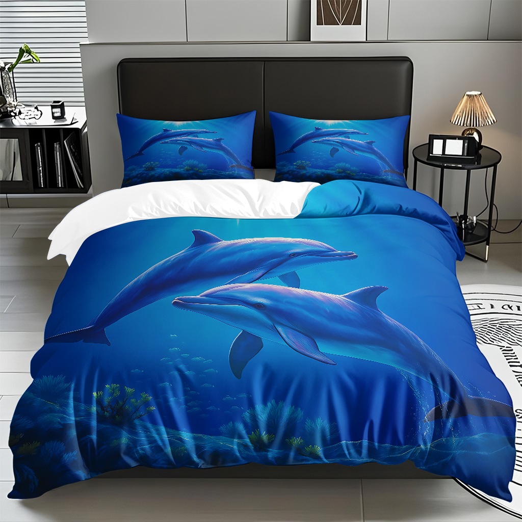 TEMU / JIT Amazonas transfronterizo varios animales marinos patrón 3D impresión digital colcha colchón kit de almohada