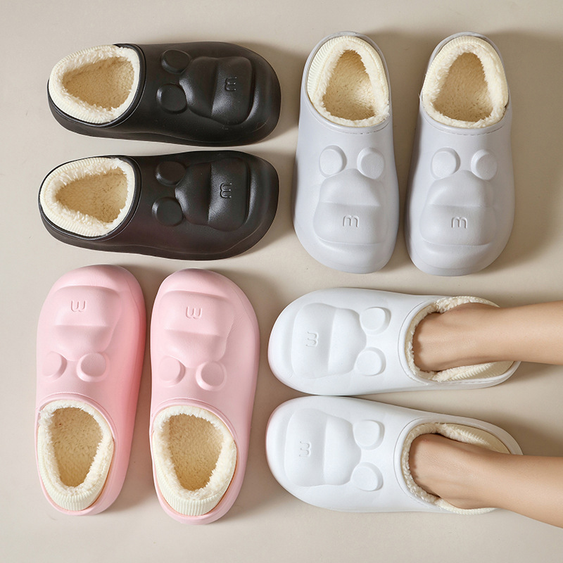 Cartoon Bear Paw Cotton Slippers for Women, Winter Indoor Home Warm Plush Eva Non-Slip Thick-Soled Maternity Cotton Slippers for Men