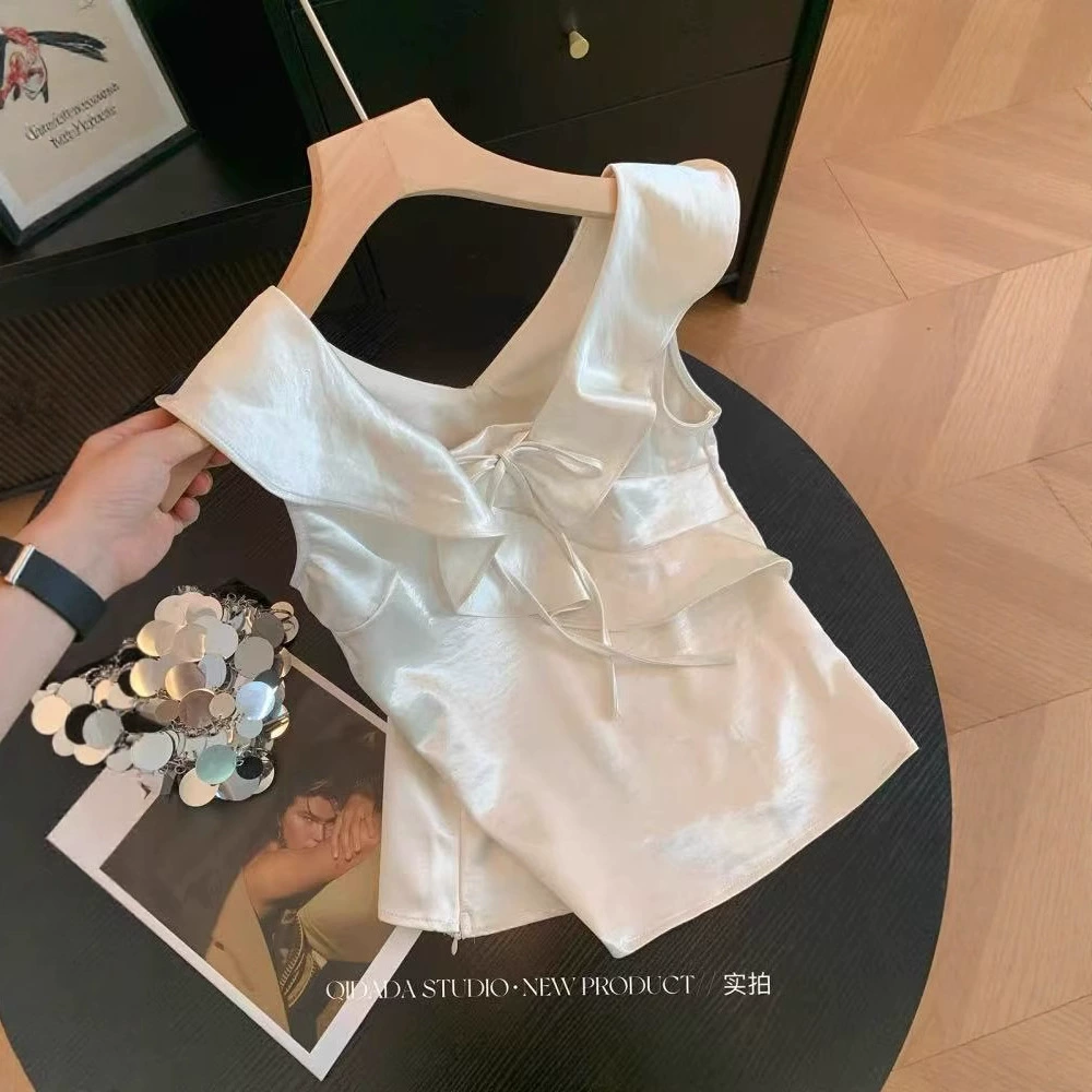 Белый атласный топ с рюшами и французским v-образным вырезом, женский элитный элегантный модный топ чистой страсти, летний топ