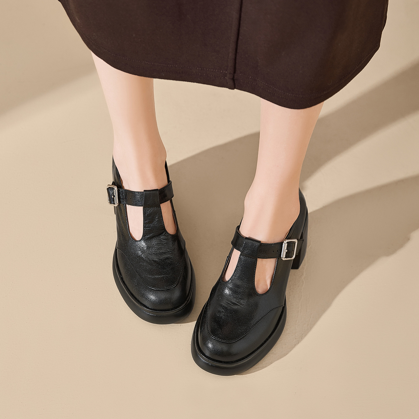 Giày Mary Jane nữ da cừu cao gót 6 cm phong cách vintage — màu nâu
