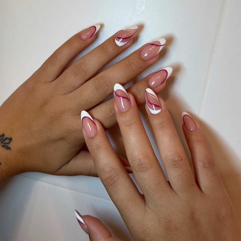 Simple French-Style White-Edged Press-On Nails with Loose Powder Art Lines, Medium-Length Almond-Shaped Nail Stickers Wholesale Simple French-Style White-Edged Press-On Nails with Loose Powder Art Lines, Medium-Length Almond-Shaped Nail Stickers Wholesale