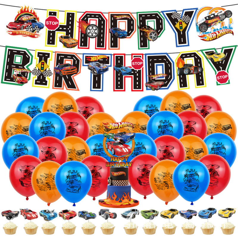 HOT WHEELS Car HOT WHEELS Theme Birthday Party Decoration Balloon Flag Cake Set