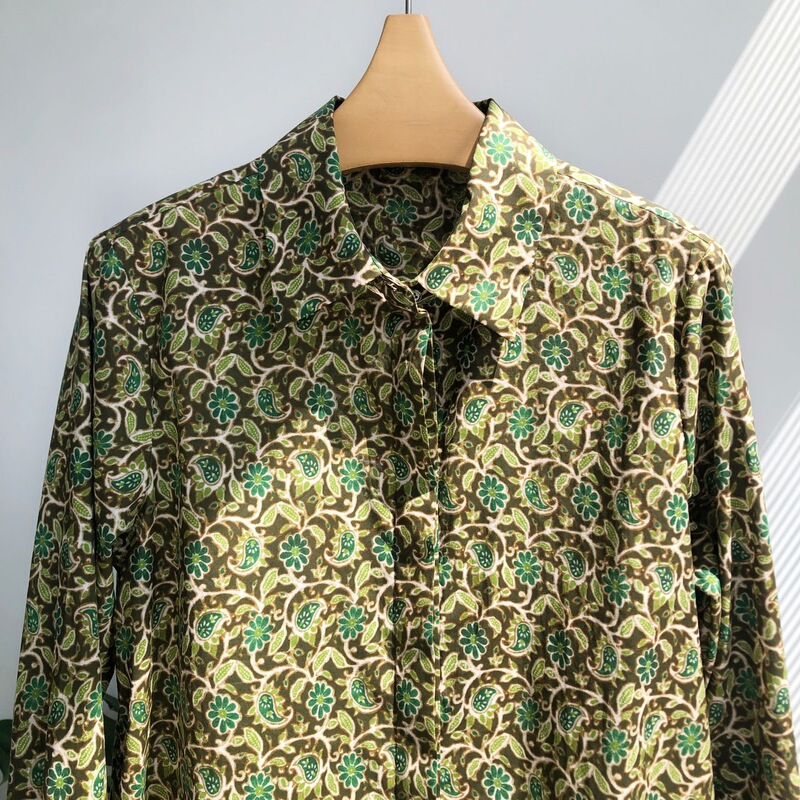 Cashew Grass Pattern·Rich Vintage Paisley Print Pointed Collar Basic Cotton Shirt