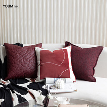 红色系沙发抱枕组合高档轻奢客厅现代简约样板间PU皮棉麻靠枕靠垫