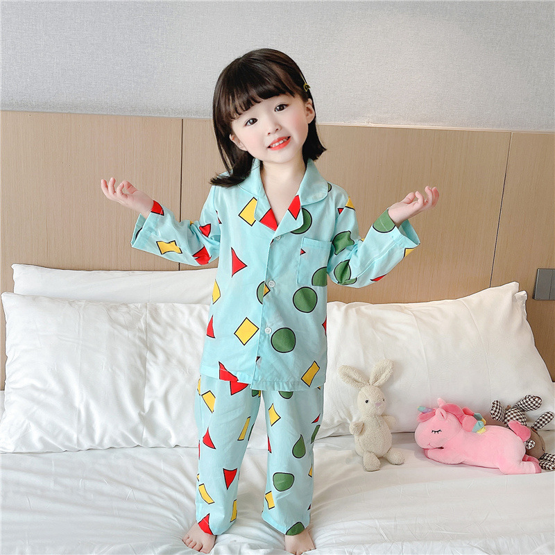 Crayon Shin-new Same Style Pajamas Lapel suit Children's Summer Long Sleeve Thin Boy's and Boy's Baby's Home Air-conditioning Clothes