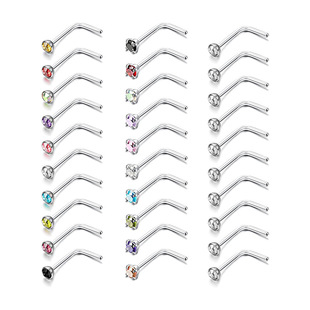 Titanium steel stainless steel rhinestone nose stud nose ring 7-word rhinestone nose stud body piercing jewelry L-shaped nose stud