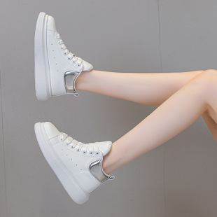 Genuine Leather High-top Color White Shoes Women's 2024 Autumn New Korean-style All-match Internet Celebrant Fashion Casual Sports Trendy Shoes