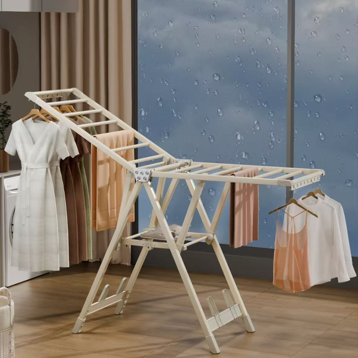 Cream-Style Folding Clothes Drying Rack for Balcony, Household Clothes Hanger, Baby Clothes Rod, Outdoor Quilt Drying Magic Tool