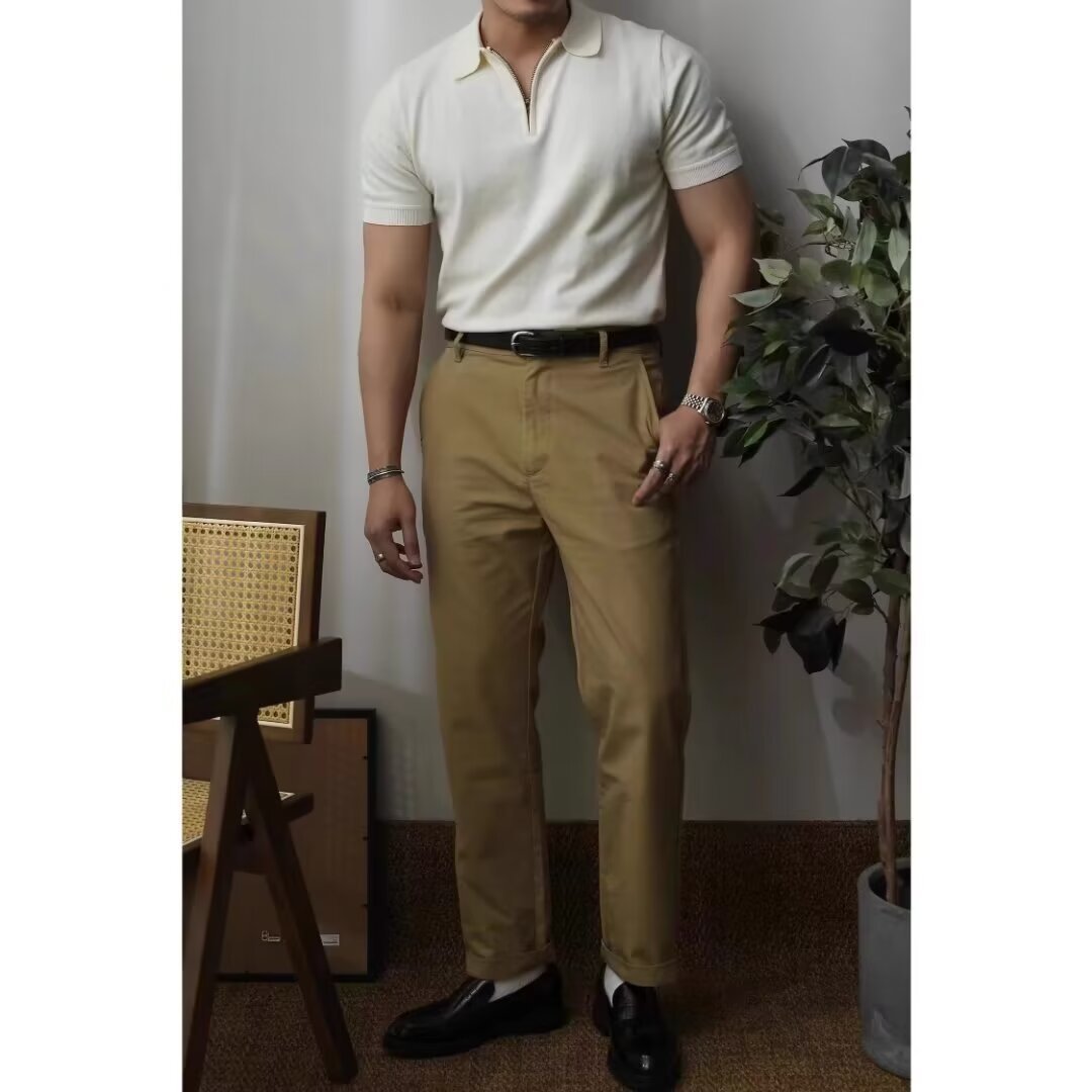 Venta directa de fábrica de camisetas de punto de seda de hielo para hombre, polos de manga corta de lujo de alta gama para hombre con media cremallera