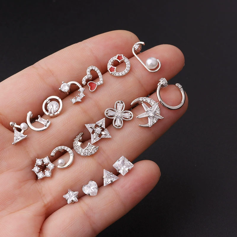 Серьги-гвоздики (пирсинг) из нержавеющей стали с цирконием, корейский стиль — стержень 0,8 мм, длина 6 мм