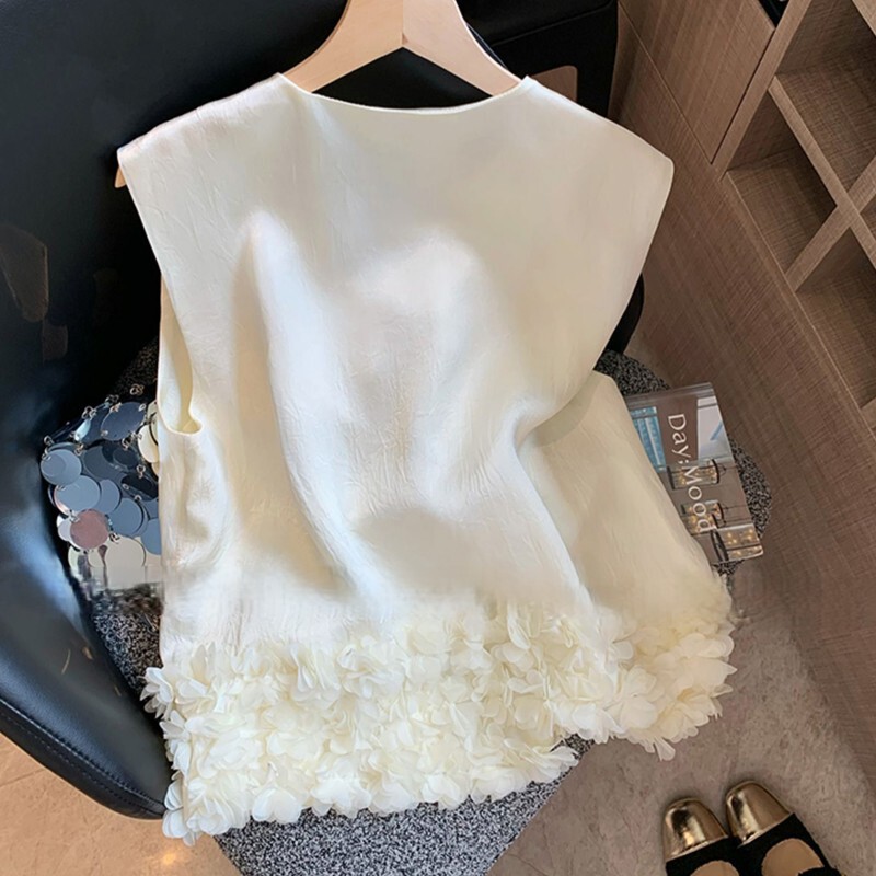 新中式立体花朵下摆醋酸无袖上衣女夏季新款高级感显瘦坎肩背心韩|undefined