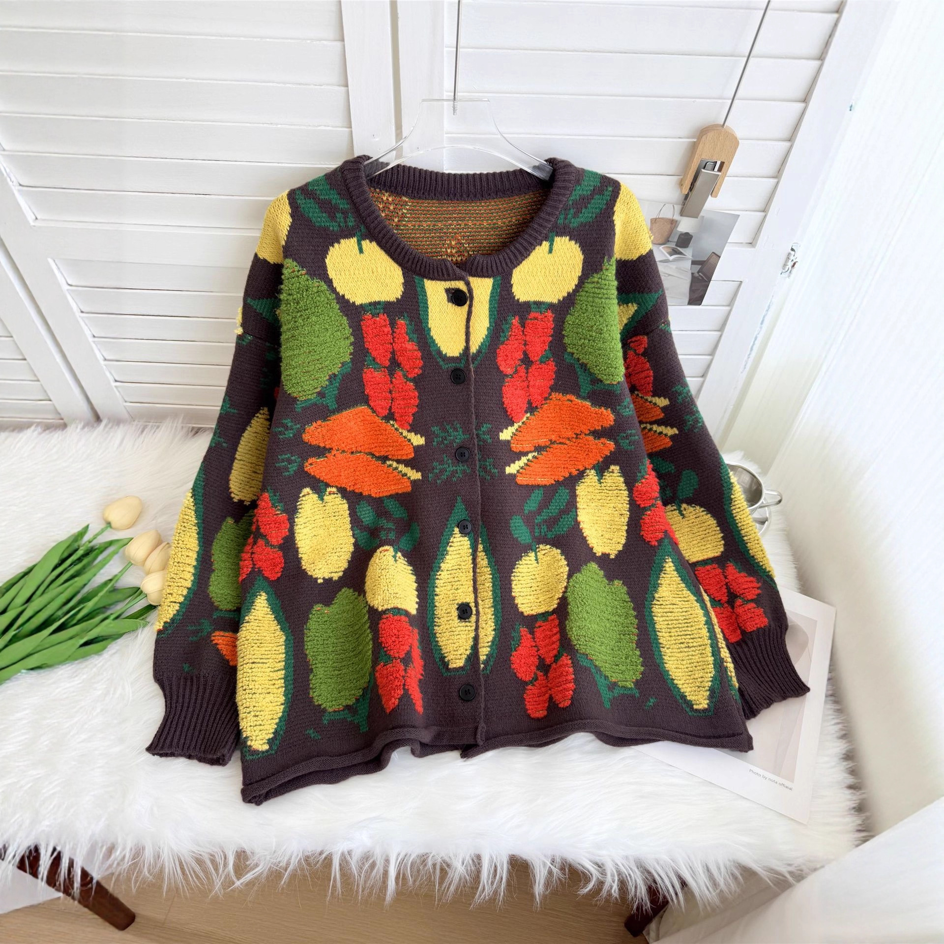 大码加厚提花蔬菜花多巴胺休闲宽松慵懒风毛衣外套百搭针织开衫女